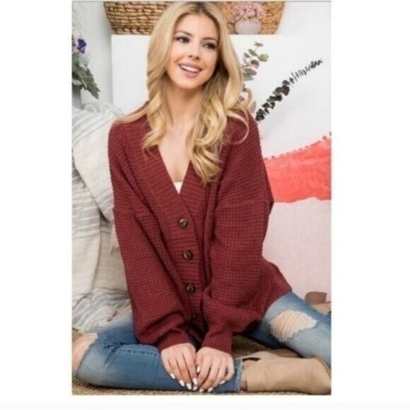 BUTTON UP CARDIGAN/SWEATER- BURGUNDY-NEW - Picture 2 of 4